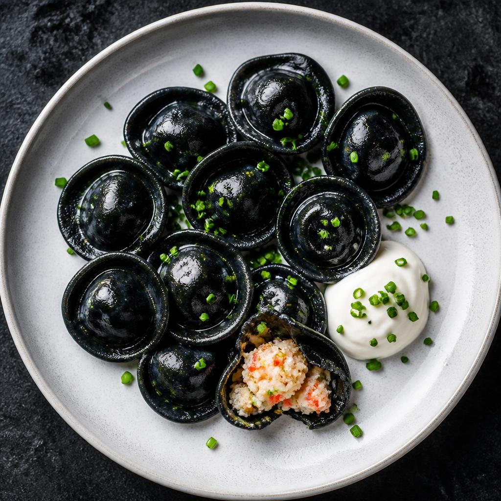 Чёрные пельмени с крабом