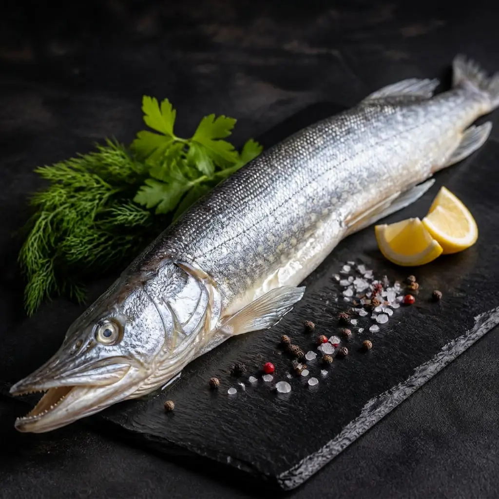 Щука вяленая — вяленая рыба крупным планом на сланцевой доске, MaxFish Ростов-на-Дону