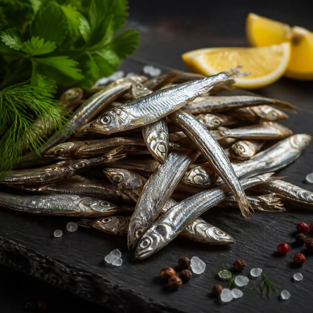 Тюлька вяленая — вяленая рыба крупным планом на сланцевой доске, MaxFish Ростов-на-Дону